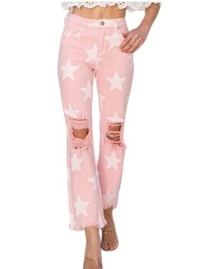 RISEN Pink Star Print Distressed Women's Jeans NEW